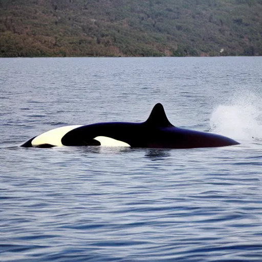 Prompt: realistic photo of an orca near a sailboat on a calm ocean.