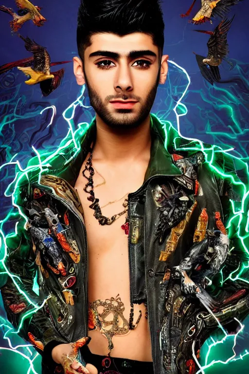 Image similar to full-body cyberpunk style sculpture of handsome singer Zayn Malik as a half cyborg with a chest opening exposing circuitry and electric sparks, glowing orange eyes, crown of green metal leaves, flowing salmon-colored silk, fabric, raptors. baroque elements. full-length view. baroque element. intricate artwork by caravaggio. many many birds birds on background. Trending on artstation, octane render, cinematic lighting from the right, hyper realism, octane render, 8k, depth of field, 3D