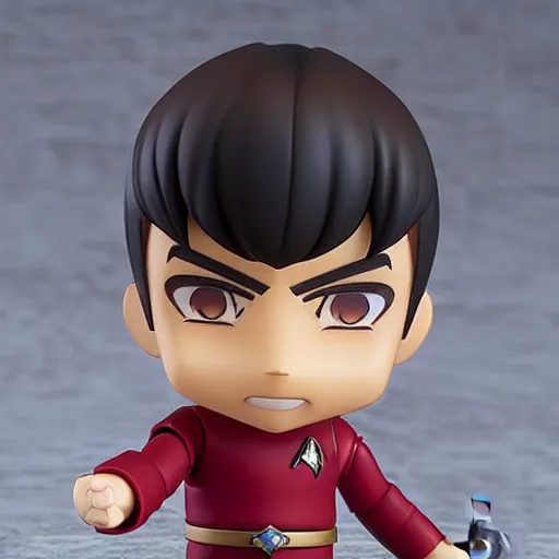 Image similar to spock from the tv series star trek as an anime nendoroid, doing his signatory handsign, serious look, pointed ears, spock haircut, starfleet uniform, detailed product photo