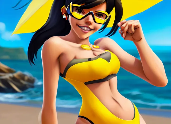 Image similar to style overwatch tracer, hyperrealism, a girl with black hair, with a very beautiful symmetrical face, a smile on her face, tanned skin, in a yellow bikini, against the background of a sea beach, high detail, digital photograph