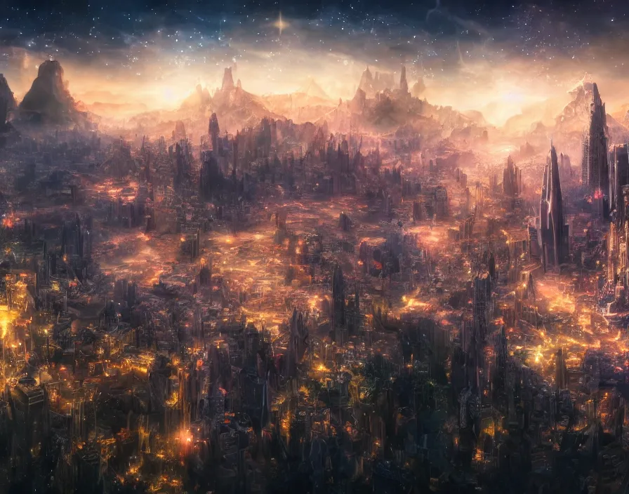 Image similar to city with crystals, fantasy artwork, very beautiful scenery, sky is made up of cosmic stars, hd, hdr, ue 5, ue 6, unreal engine 5, cinematic 4 k wallpaper, 8 k, ultra detailed, by popular digital, details, beautiful image ever created, high resolution, artstation, award winning