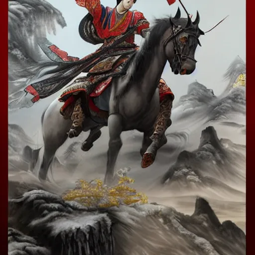 Image similar to dynamic composition, motion, ultra-detailed, incredibly detailed, a lot of details, amazing fine details and brush strokes, colorful and grayish palette, smooth, HD semirealistic anime CG concept art digital painting, watercolor oil painting of a Tang Ming dynasty chinese tao fantasy general wearing armor, from Three Kingdoms, by a Chinese artist at ArtStation, by Huang Guangjian, Fenghua Zhong, Ruan Jia, Xin Jin and Wei Chang. Realistic artwork of a Chinese videogame, gradients, gentle an harmonic grayish colors