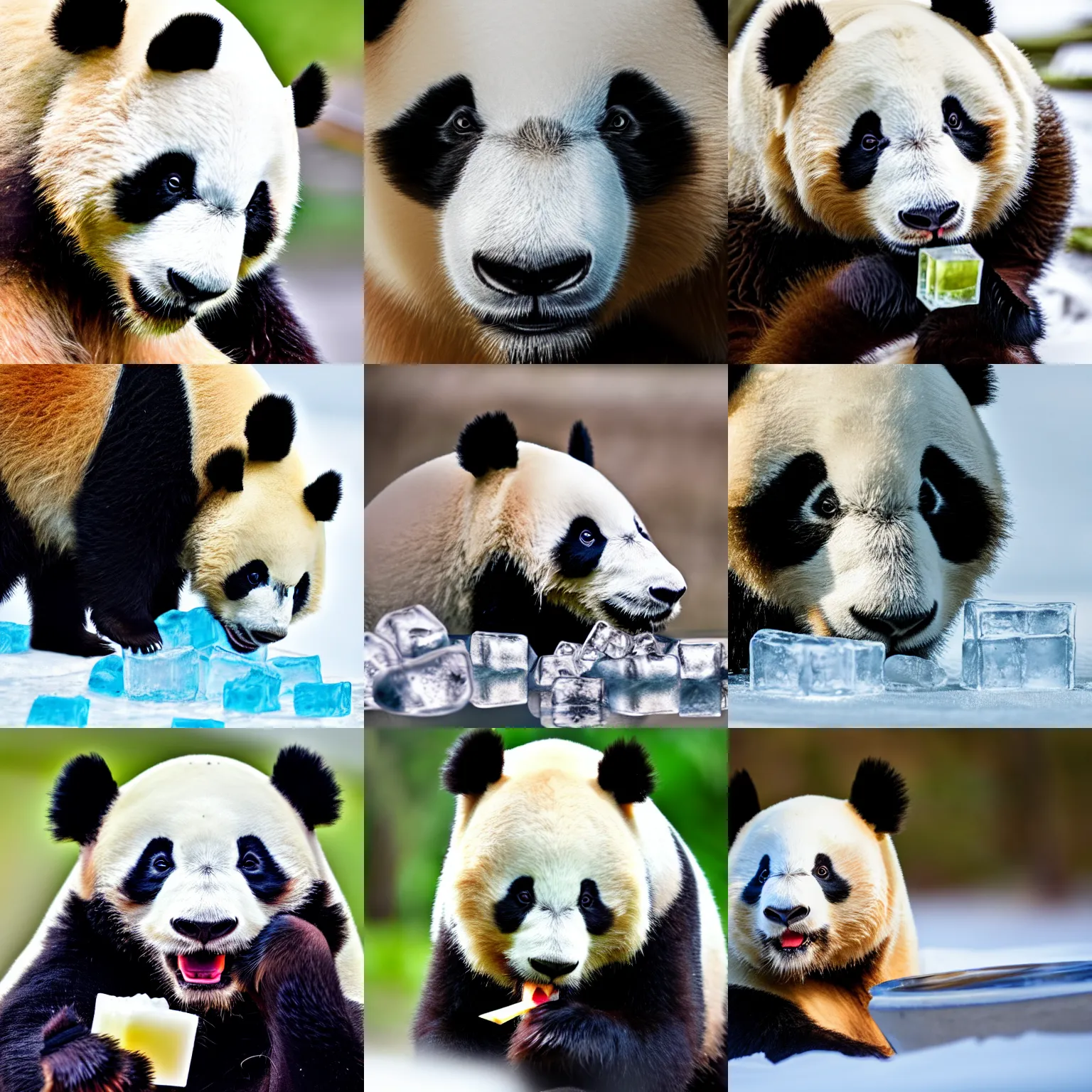 Prompt: panda chewing on ice cubes, dslr, 4 k, telephoto, 5 0 mm, realistic 4 k