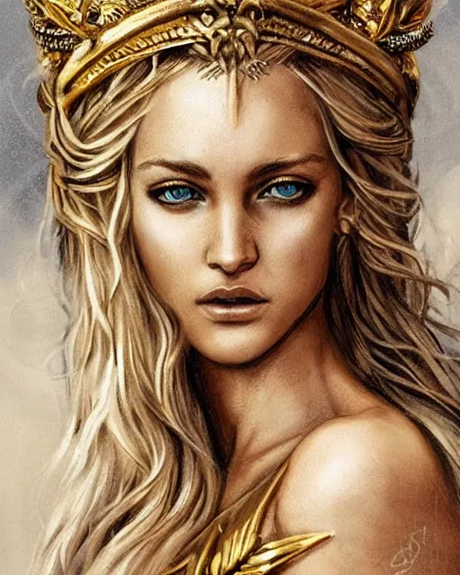 Prompt: tattoo sketch of hot blonde super model as aphrodite greek goddess wearing a gold laurel wreath and triangle earrings, beautiful piercing gaze with sharp pupils, in the style of greg rutkowski, fantasy, amazing detail, epic, elegant, smooth, sharp focus, front view