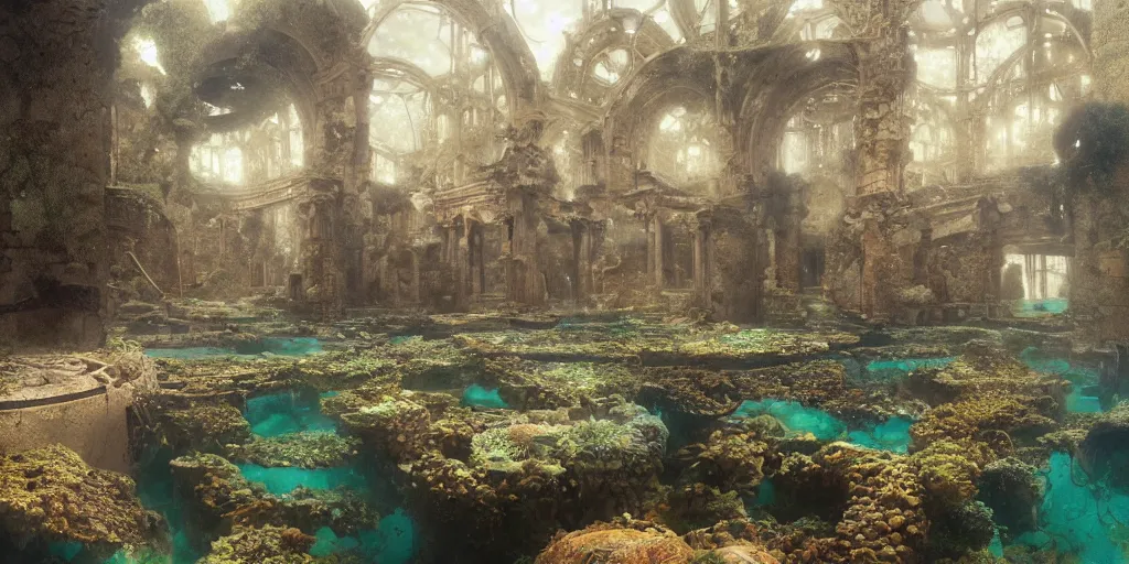 Image similar to hyper realist matte digital painting of an abandoned underwater city, ancient ruins, underwater photography, jugendstill, floating in water, bubbles rising, seaweed, fairytale, fantasy art, photo realistic, dynamic lighting, artstation, volumetric lighting, by mucha, by alma tadema