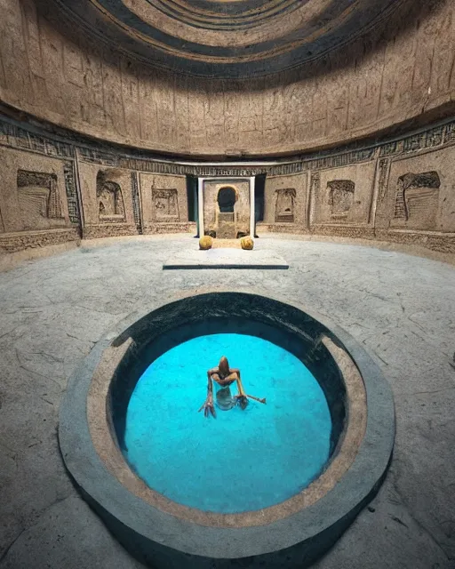 Image similar to greg rutkowski digital painting of an ornate and royal egyptian antechamber tomb, a circular pool in the tomb, the circular pool has a galaxy inside, unreal engine, hyper realism, realistic shading, cinematic composition, blender render, octane render, hdr, detailed textures, photorealistic, ultrawide shot, 3 5 mm film