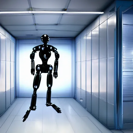 Prompt: futuristic humanoid robot in a containment facility, photorealistic, neon lights,