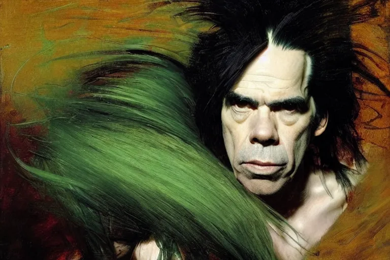 Image similar to a portrait of nick cave with green streaks in his hair, masterpiece, dramatic lighting, stunning painting by caravaggio, ruan jia, jakub rebelka