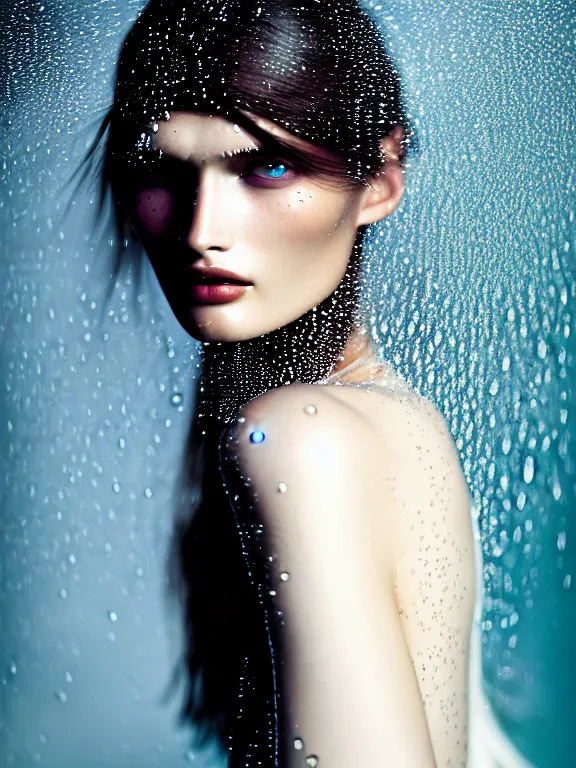 Prompt: fuji pro 4 0 0 h photo of a beautiful woman bianca balti style 3 / 4, hair surrounded by drops of water in style of zhang jingna, 5 0 mm lens, f 1. 2, elegant, highly detailed, sharp focus, head in focus, soft blur light, matt dreamy colours, volumetric lighting, hyper realistic, ultra detailed