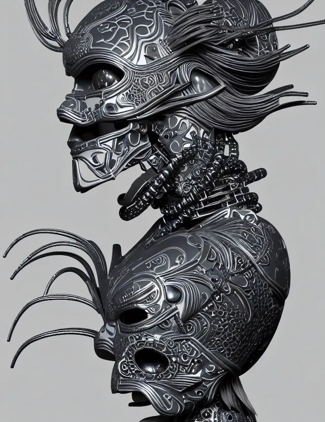 Image similar to 3 d goddess close - up profile simple portrait cybernetic with skull. beautiful intricately detailed japanese crow kitsune mask and clasical japanese kimono. betta fish, jellyfish phoenix, bio luminescent, plasma, ice, water, wind, creature, artwork by tooth wu and wlop and beeple and greg rutkowski