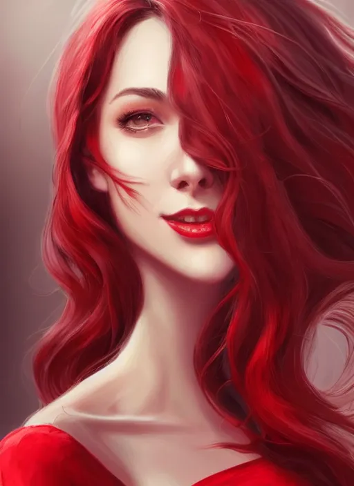 Image similar to a highly detailed illustration beautiful long black haired woman wearing red dress, elegant smiling pose, perfect face, perfect body, intricate, elegant, highly detailed, centered, digital painting, artstation, concept art, smooth, sharp focus, league of legends concept art, wlop