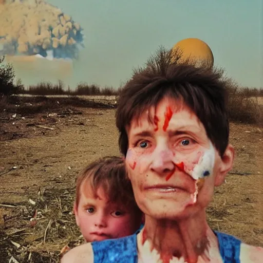 Prompt: selfie of the last surviving ukrainian with children, wild pain and damage to the body burns alive to the bone, painted in dirty yellow - blue colors, a huge nuclear explosion is approaching in the background