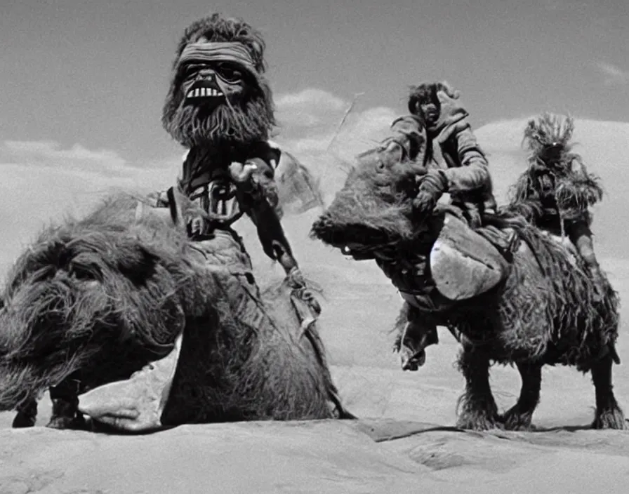 Image similar to Still from the original Star Wars of a Tusken raider riding a giant dachshund on Tatooine