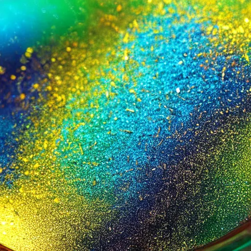 Image similar to a wet swirling mixture of gold paint and very colorful colored pigment particles glitter suspended in a turbulent liquid, captured in slow motion, crystal clear focus, macro photography lens closeup, slow-motion pour, dumpedpaint glittery, shimmering, speculars