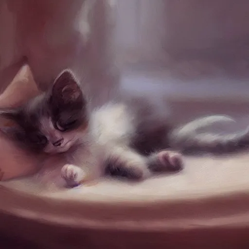 Prompt: Kitten Sleeping digital Art, Greg rutkowski, Trending artstation,cinematic