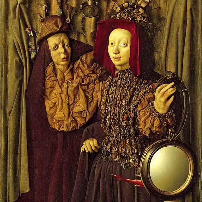 Image similar to strange mutant fungic woman holding a round mask mirror. painting by jan van eyck