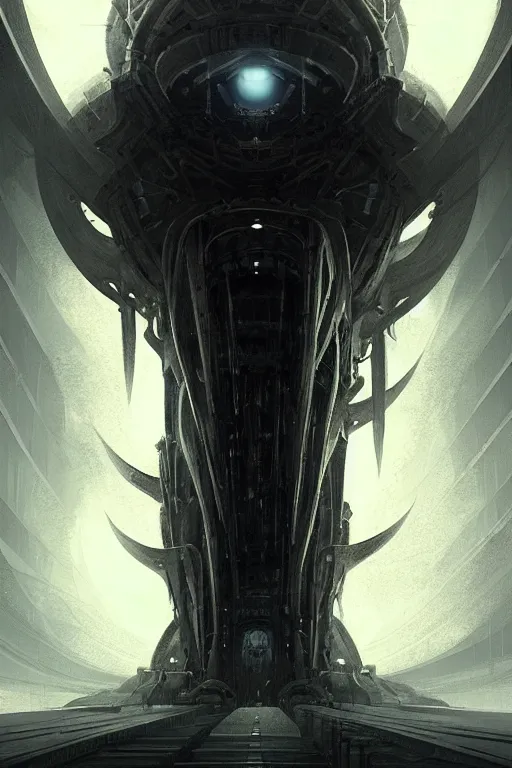 Image similar to professional concept art of a symmetrical! ominous floating!!! mechanical steel terrifying!! giant monster thing in a dark room by artgerm and greg rutkowski. an intricate, space, elegant, highly detailed digital painting, concept art, smooth, sharp centred focus, illustration, cubism, in the style of cam sykes, wayne barlowe, igor kieryluk.