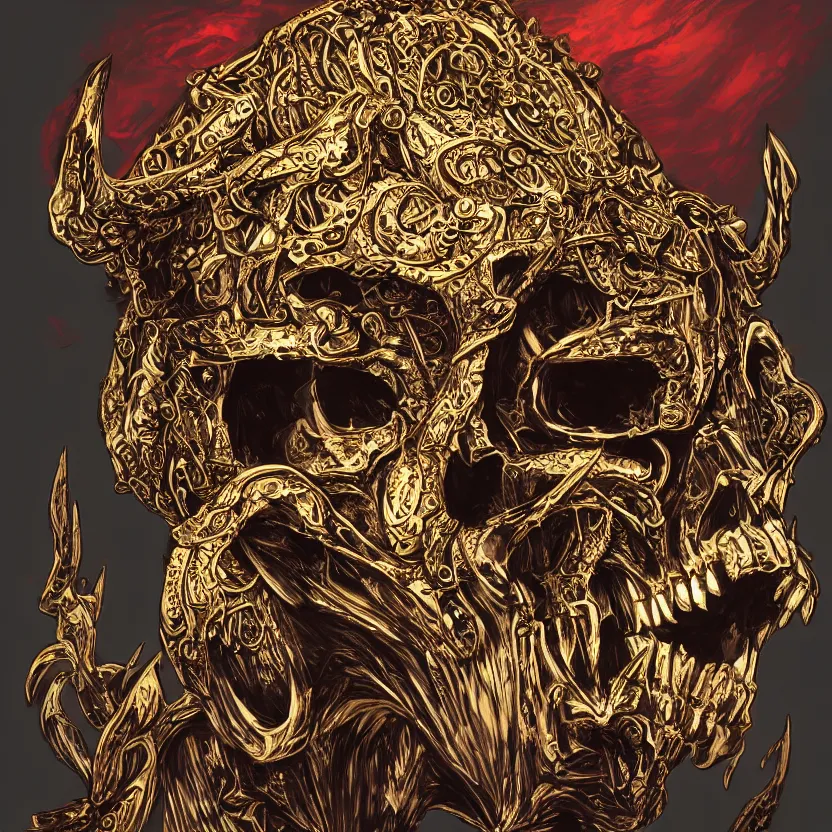 Image similar to photo portrait portrait of skull of wolf, lying on bones, dramatic lighting, golden ornaments, symmetric, intricate skeletal decorations, symmetry, highly detailed, tarot, concept art, black, red, white, gold layers, warhammer, style of nekroxiii, hyperrealistic, dark background, smoke, artstation