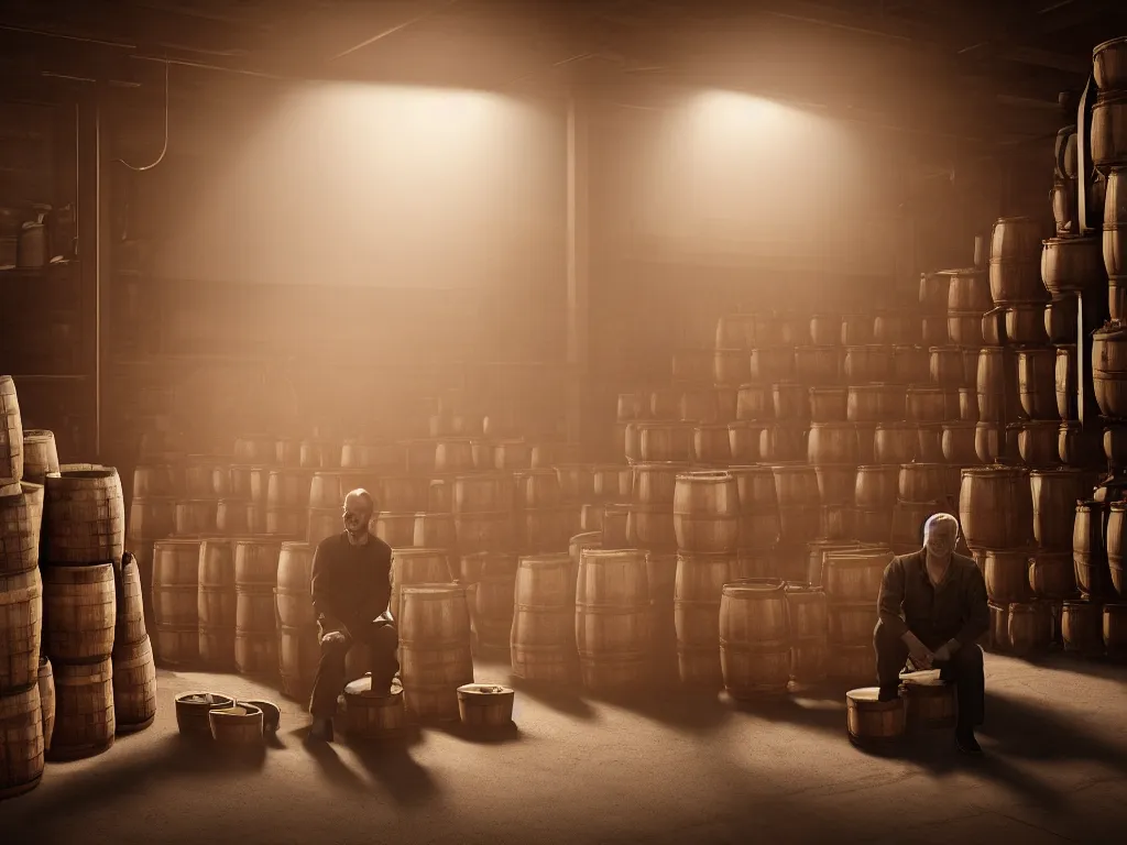 Prompt: a man sitting on a small wooden stool in a whisky factory with barrels stacked up to the sealing. beautiful atmospheric lighting, sunlight beaming through open windows, small dust particles in the air. unreal engine 5, v - ray, 8 k, ultra hd, god rays. concept art.