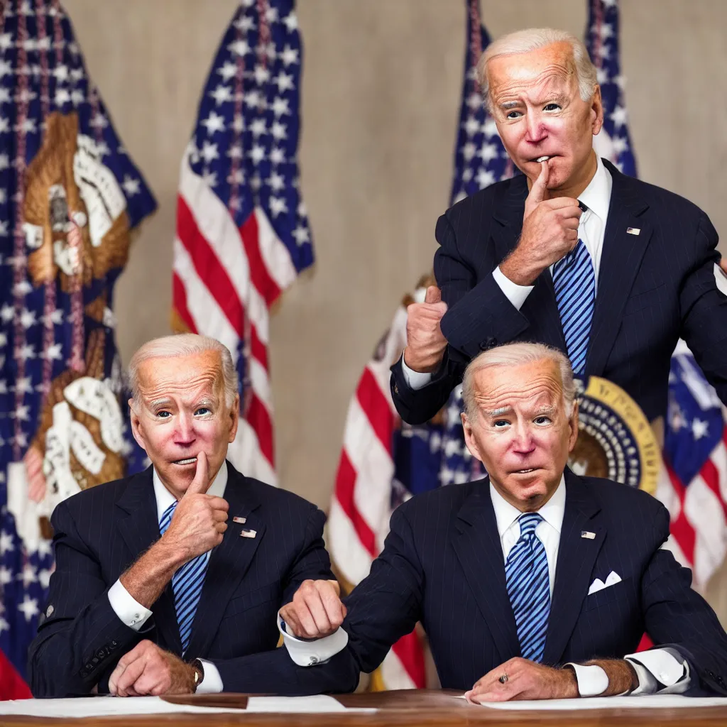 Prompt: highly detailed portrait joe biden sucking his thumb while sitting on the toilet at a press conference