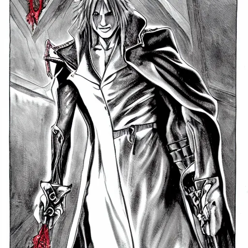 Image similar to Dante from Devil May Cry in Castlevania Symphony of the Night, highly detailed, illustration