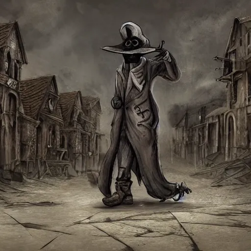 Prompt: plague doctor walking through a town ravaged by plague, dark, creepy, death, disease, hyperdetailed, concept art, artstation