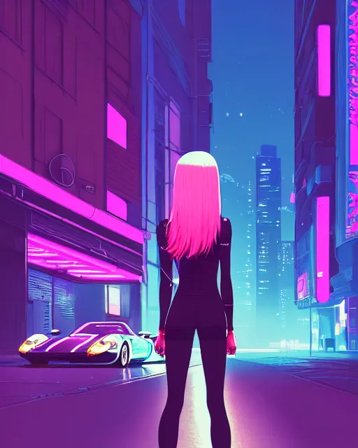 Image similar to digital illustration of cyberpunk pretty girl with pink hair, standing by a blue ford gt in a street at night, under streetlights, by makoto shinkai, ilya kuvshinov, lois van baarle, rossdraws, basquiat