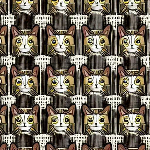 Prompt: drawing realistic stylized cute smiling cats in the style of art deco in a repeating pattern. symmetric. detailed. hd