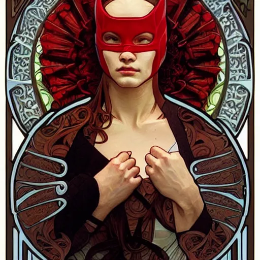 Image similar to daredevil portrait and costume designs, intricate, elegant, highly detailed, digital painting, smooth, sharp focus, illustration, art by alphonse mucha