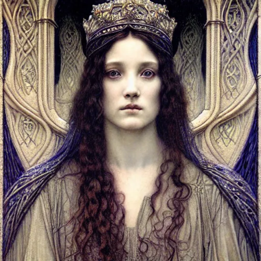 Image similar to detailed realistic beautiful young medieval queen face portrait by jean delville, gustave dore and marco mazzoni, art nouveau, symbolist, visionary, gothic, pre - raphaelite