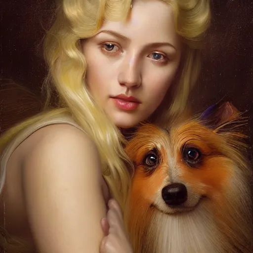 Prompt: highly detailed oil painting | very intricate | cinematic lighting | award - winning | a blonde woman with a sheltie!!!!!! | by roberto ferri, by tom bagshaw, by j. c. leyendecker and klimt, american romanticism, by thomas kinkade artstation, cgsociety, official art, octane