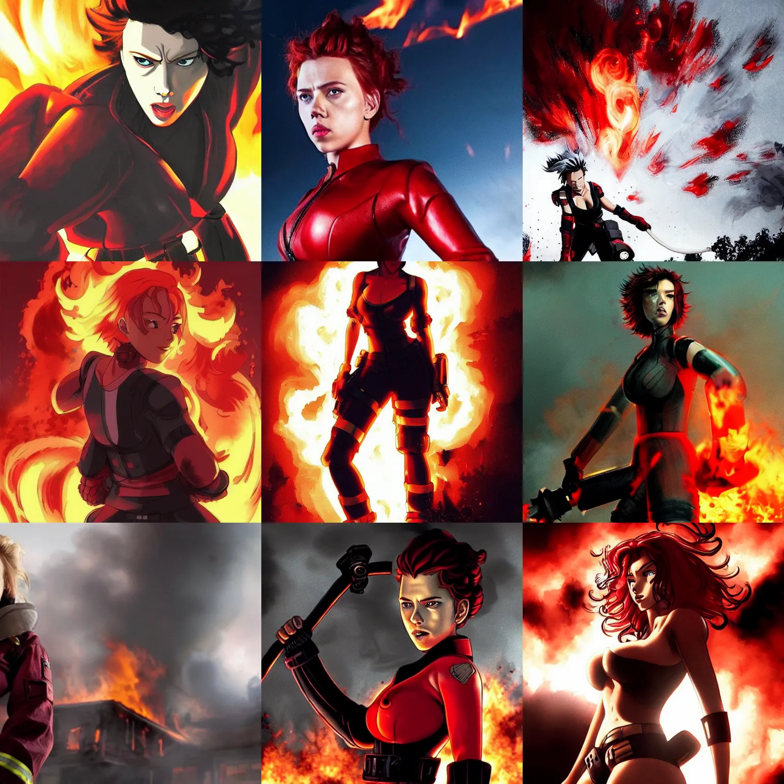 Prompt: angry scarlett johansson wearing fireman gear. surrounded by a burning houses, afro samurai anime style, dramatic lighting,