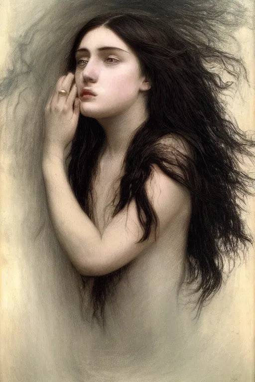 Prompt: young woman's face breaking the waters surface, long black hair, pale skin, symmetrical face, photorealism, 4k, dramatic lightning, by Millais,