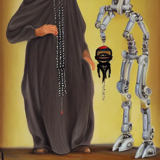 Image similar to a robot who wears muslim clothes, has a long beard, holds a rosary, and wears an arab abaya, oil painting