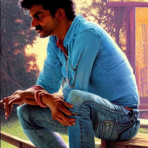 Prompt: close up a beautiful Indian doctor wearing jeans and a shirt in Texas in 2022, sun shining, photo realistic illustration by greg rutkowski, thomas kindkade, alphonse mucha, loish, norman rockwell.