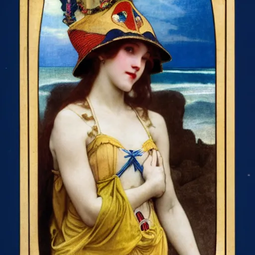 Image similar to A girl with jester hat and clothes on the front of a Balustrade with a beach on the background, major arcana clothes, by paul delaroche, alphonse mucha and arnold böcklin arnold böcklin hyperrealistic 8k, very detailed