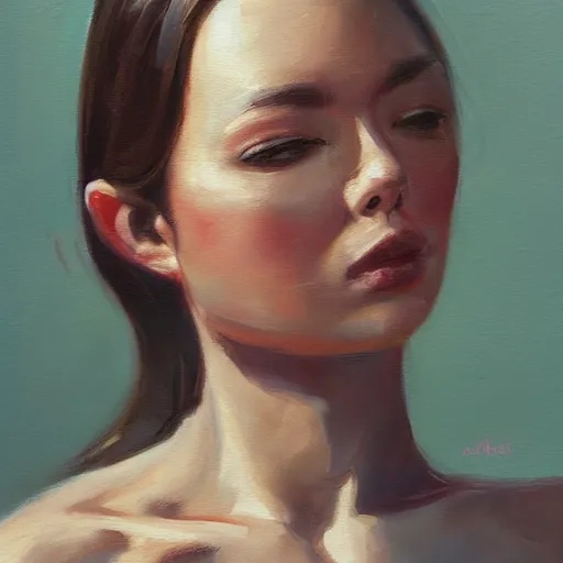 Image similar to a beautiful toned woman, aesthetic, oil painting, pale colors, high detail, 8 k, wide angle, trending on artstation,