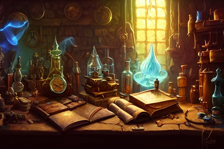 Prompt: cluttered, oaken table, spell book, wizards laboratory, tony sart, window, mortar, pestle, glowing powder, compass, alembic, streams of flowing light, beakers of colored liquid, greg rutkowski