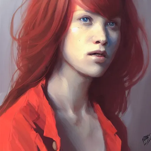 Image similar to Portrait of a woman by Greg Rutkowski, she is about 20 years old, redhead, long straight hair, beautiful oval face, wearing red and black utilitarian jumpsuit, older sister vibes, highly detailed portrait, digital painting, artstation, concept art, smooth, sharp foccus ilustration, Artstation HQ.