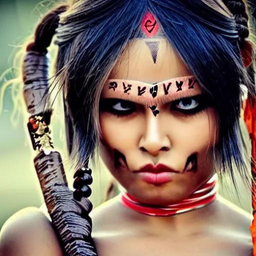 Image similar to hot tribal warrior cute girl big eyes pouty lips tanned skin white hair