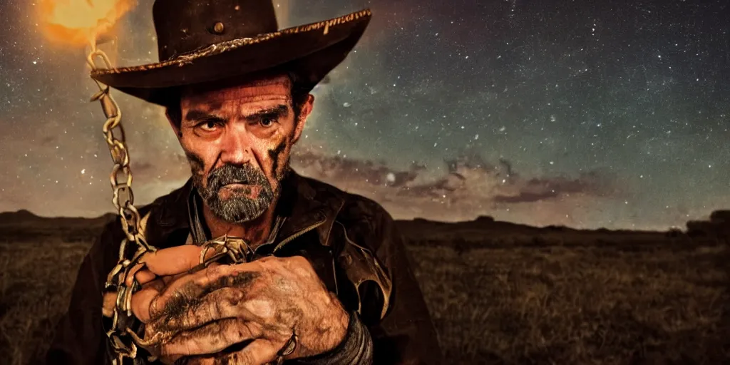 Prompt: close up portrait of rugged bandit ( ( alone ) ) in the old west, handcuffed by shackles at a campfire, cinematic, dark, grim, starry sky, in the style of studio ghibli