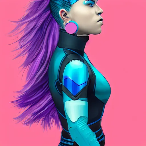 Image similar to a stunning upper body portrait of a beautiful young woman wearing futuristic navy blue and teal battle bodyarmor, ombre purple and pink hairstyle, hair blowing in the wind, hoop earrings, by marvel comics, digital art, trending on artstation