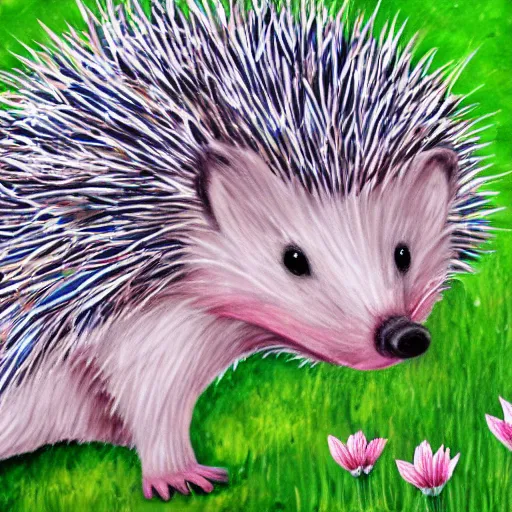 Prompt: chia pet hedgehog with grass and flower spines cute detailed painting 4 k