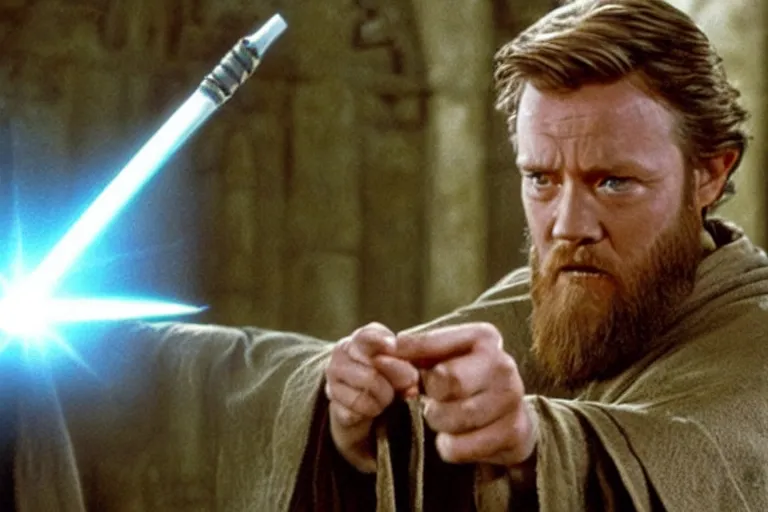 Prompt: film still, obi wan kenobi casting spells with a wand in the last harry potter movie,