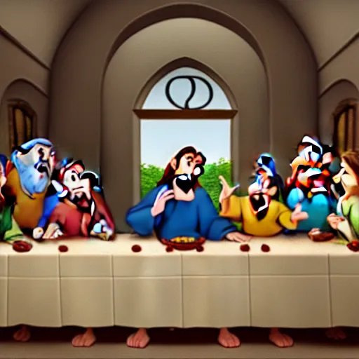 Image similar to the last supper with jesus and the seven dwarfs. pixar style.