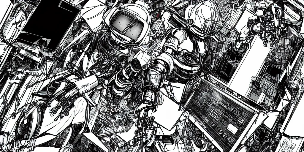 Image similar to detailed manga artwork of 2 Daft Punk robot rock using Apple notebook Macbook at an underground warehouse rave in Ibiza, playing techno house music, thousands of beautiful girls in bikini dancing, in the style of manga illustration, wires, speakers, trending on artstation