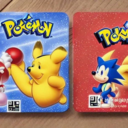 Image similar to photograph of winnie the pooh and super mario and sonic the hedgehog anime style, on pokemon card packs at target