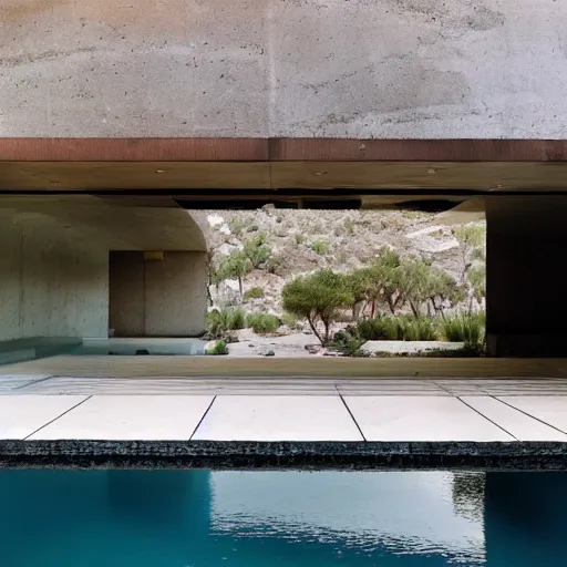 Image similar to brutalism conceptual house in the desert, biophilia mood, pool, garden, highly detailed, cinematic, photorealistic,