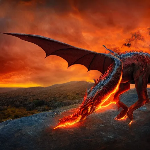 Image similar to photoshop of a mythological western fantasy dragon animal bathing in lava, cryptid, unexplained phenomena, drone photography