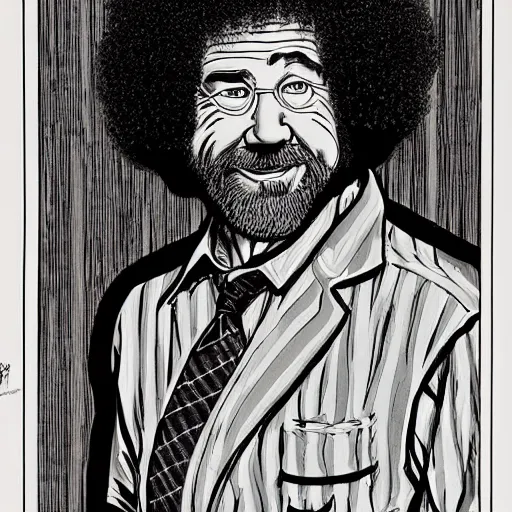 Image similar to bob ross in a portrait by robert crumb